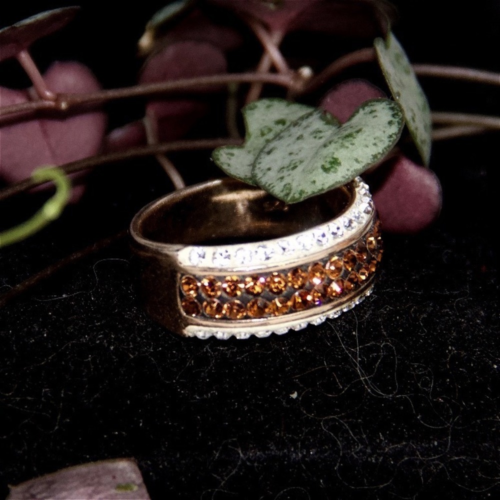 Sterling Silver Cognac‎ and Clear Crystal Pavé Wide Band Ring Size 7